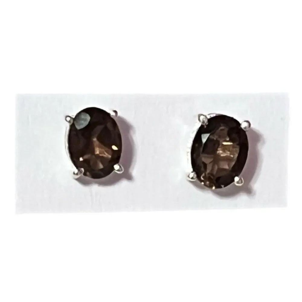 Classic Sterling Silver Smoky Quartz Oval Stud Earrings